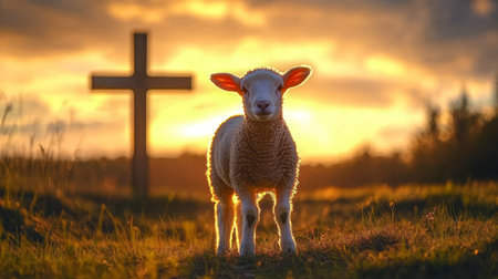 Spring Innocence A Lamb Under a Pastoral Landscape, Embracing Faith and Timeless Hope at Sunsetの素材