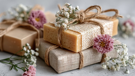Handcrafted Soap Bars Decorated with Wildflowers and Burlap Twine for a Rustic Spa Aestheticの素材