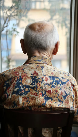 Elderly Man with Gray Hair Thoughtfully Observing the World Outside on a Bright, Sunny Dayの素材