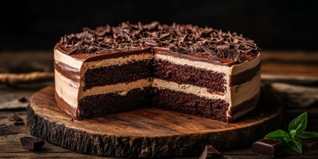 Indulge in a Decadent Chocolate Cake Layered with Rich Ganache and Topped with Chocolate Shavingsの素材