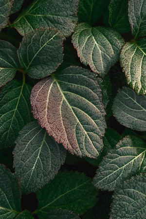 Textured Natural Pattern Backdrop Featuring Dark Green Leaves with Intricate Veins and Detailsの素材