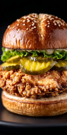 Crispy Fried Chicken Sandwich Stacked High with Fresh Toppings, a Delicious Meal Option to Enjoyの素材