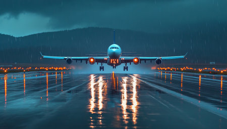 Majestic Airliner Soaring Through Stormy Skies, Reflective Lights Glimmering on the Runway at Sunsetの素材