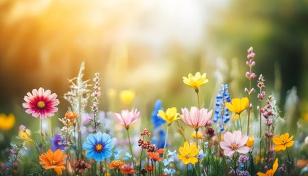 Colorful Wildflowers Blooming in a Sunlit Meadow, Showcasing Nature s Beautiful Palette of Colorsの素材