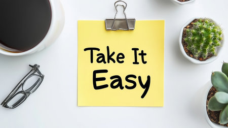 A Tranquil Desktop Scene Featuring Succulent Plants, Eyeglasses, and Coffee on a White Surfaceの素材