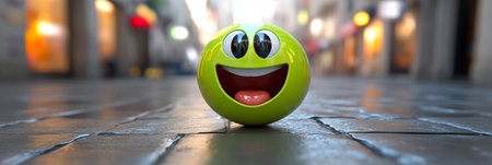 Cheerful Emoji Expresses Joy in Urban Setting, Capturing Happy Street Life with Smiley Facesの素材