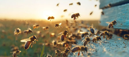 Bees Buzzing in a Colorful Garden During Sunrise, Gathering Pollen for Honey Productionの素材