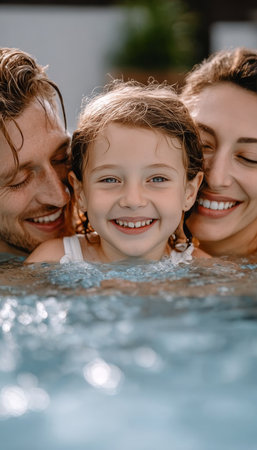 Joyful summer moments Daughter splashes in pool with loving parents, creating cherished memories.の素材