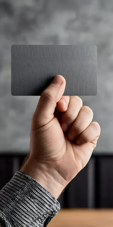 Hand Holding a Stylish Blank Card on a Concrete Background, Ideal for Custom Messages and Promotionsの素材