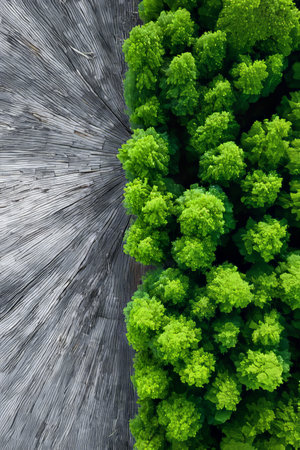 Aerial view highlighting the stark contrast between deforested land and lush green forest areas.の素材