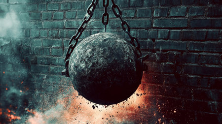 Massive Wrecking Ball Swinging Through Industrial Landscape, Causing Devastation to Brick Structuresの素材