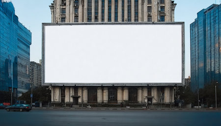 Large Blank Advertising Banner in Urban Landscape with Modern City Building Background for Marketingの素材