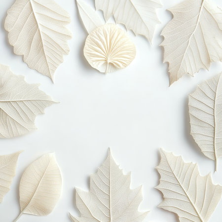 Elegant White Leaves Background with Delicate Botanical Elements for Serene Autumn Season Imageryの素材