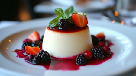 Delicate Vanilla Bean Panna Cotta with Vibrant Berry Coulis and Fresh Fruit Artfully Arrangedの素材