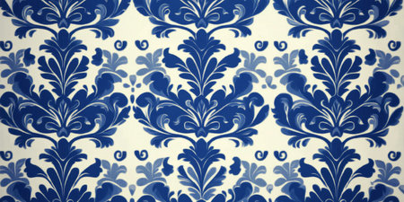 Elegant Deep Navy Blue Floral Damask Fabric for Textiles, Classic Sophisticated Decor and Wallpaperの素材