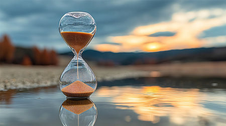 A Beautiful Sunset Over a Calm Lake with an Hourglass Symbolizing the Passage of Time and Hopeの素材
