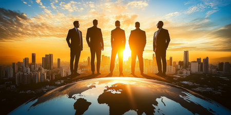 Ambitious Executives Overlooking a Cityscape from a Globe, Planning Future Success and Strategyの素材