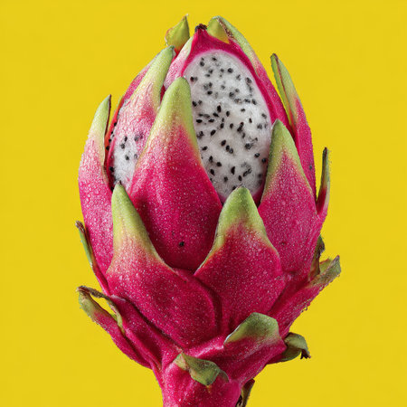 Vibrant Pink Dragon Fruit Halved to Reveal Unique Texture and Exotic Flavor on Yellow Backgroundの素材