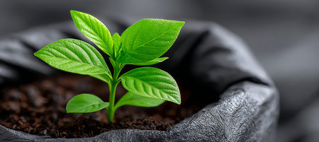 Hopeful Resilience A Sprout Emerging from Darkness in a Black Bag, Symbolizing Life s Growthの素材