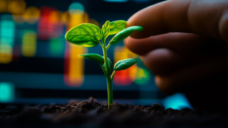 Tender Plant Sprouting from Dark Soil with Financial Graphs in Background, Symbolizing Growth Hopeの素材