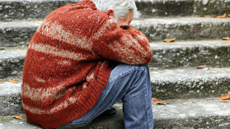 Elderly Man Seated Outdoors on Weathered Stone Steps, Reflecting on Life s Problems and Despairの素材