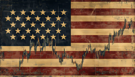 American Commerce U.S. Flag, Stock Market Charts, and Vintage Symbols of Capital Marketsの素材