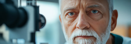 Senior Male Patient Receiving Eye Examination with Slit Lamp for Accurate Vision Assessmentの素材