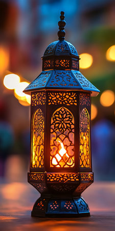 Elegant Illuminated Vintage Lantern Glowing for Ramadan Kareem, Festive Muslim Holiday Decor.の素材