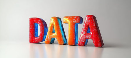 Vibrant Digital Data Visualization Featuring Binary Code Forming the Word DATA in a Modern Designの素材
