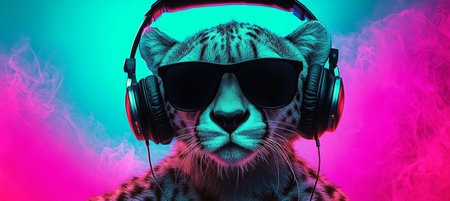 Stylish party cheetah with sunglasses, dancing to music on vibrant violet waves at a fun celebrationの素材
