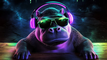 Vibrant Neon Hippo DJ Party A Colorful Scene with Headphones, Sunglasses, and Electric Vibes.の素材