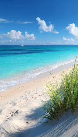 Idyllic Beach Scene with Turquoise Water and White Sand, Ideal Summer Getaway for Relaxationの素材
