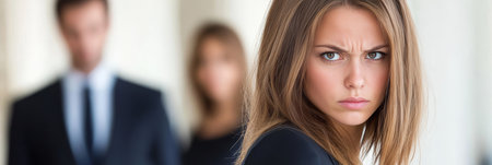 Apprehensive Female Professional in Tense Workplace with Colleagues and Concerns of Harassmentの素材