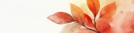 Delicate watercolor leaves gracefully arranged on a soft coral background for serene botanical artの素材