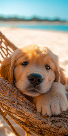 Sleepy Golden Retriever Puppy Relaxing in a Hammock by a Gorgeous Tranquil Ocean on Vacation Daysの素材