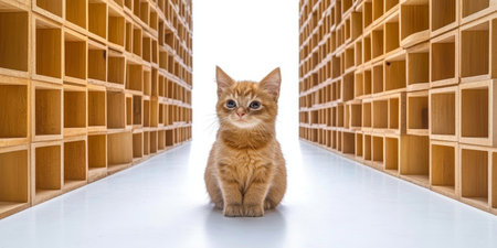 Adorable Ginger Kitten Sitting and Observing Minimalist Architecture in a Fascinating Sceneの素材