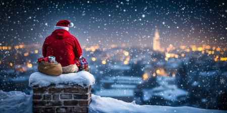 Santa Claus on Chimney with Gift Sack Over City Lights in Winter Night, Snow Falling, Christmas Joyの素材