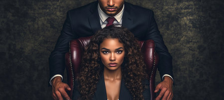 Tense Office Encounter A Leaning Man Confronts a Worried Woman in a Dark Corporate Atmosphereの素材