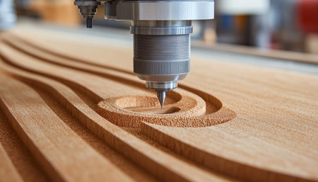 Close Up of a Wood CNC Router Machine Carving Intricate Custom Woodworking Details into Woodの素材