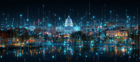 U.S. Capitol Building with Digital Network Overlay at Night, Modern Architectural Marvel in D.C.の素材