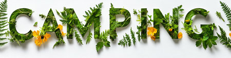 Camping Spelled with Natural Elements A Beautiful Floral Arrangement Showcasing Outdoor Adventureの素材