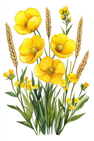 Botanical Watercolor Print Featuring Wheat and Cosmos A Soft Arrangement of Yellow Floral Elementsの素材