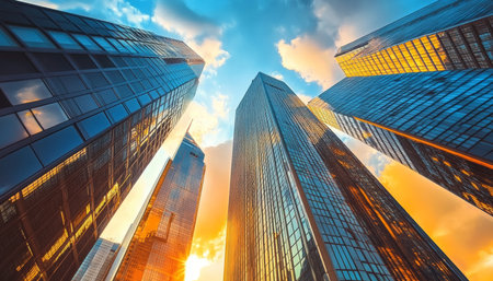 Sunset Over Urban Skyline with Skyscrapers Glowing in Golden Light, City Life Below Unfoldsの素材