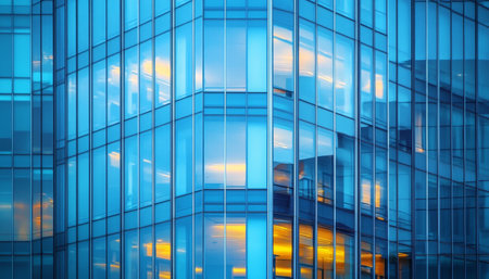 Modern Urban Skyscraper Facade with Blue Glass Panels Reflecting the Cityscape in Daylightの素材