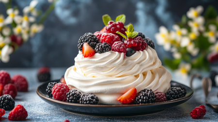 Pavlova Decadence Lush Meringue Cake with Fresh Berries, Whipped Cream, and Mint for Elegant Eventsの素材