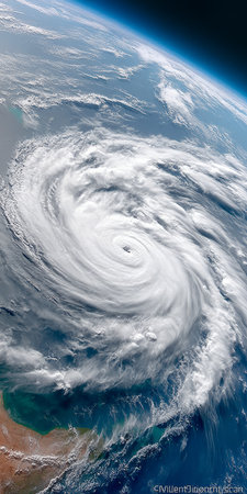 Aerial View of a Powerful Hurricane Over the Ocean, Showcasing the Fiery Eye and Swirling Cloudsの素材