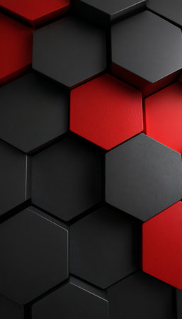 Abstract Dark Background with Honeycomb Pattern and Red Accents Featuring Geometric Design Elementsの素材