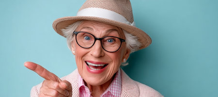 Cheerful senior woman playfully pointing to an area with a humorous expression for promotion.の素材