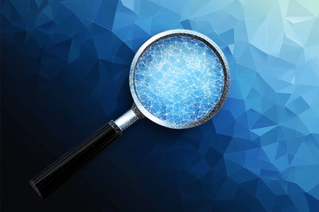 Magnifying Glass on Polygonal Network, Symbolizing Internet Search and Digital Investigationの素材