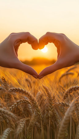 Heartfelt Golden Hour Hands Crafting Love Among Wheat Grain Under Setting Sun in Dreamy Serenityの素材